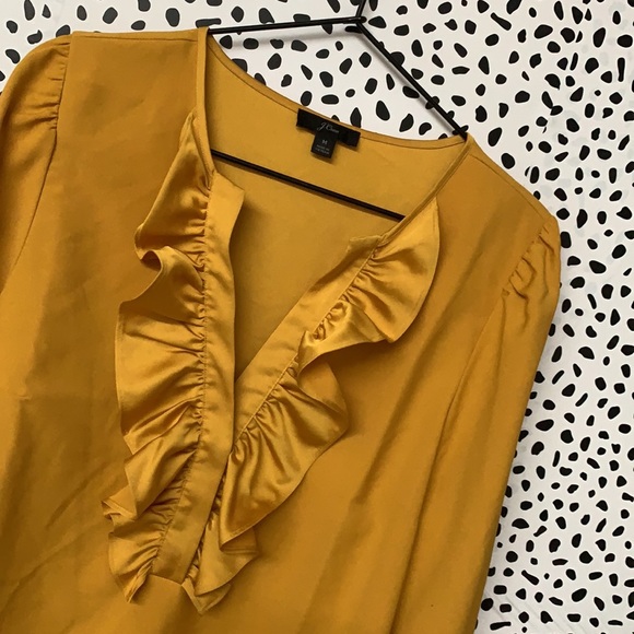 J Crew Mustard Yellow Ruffle Front Blouse - Picture 3 of 8